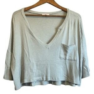 Waffle Knit Pocket Top, V Neck 3/4 Sleeve Pullover Comfy Casual Shirt